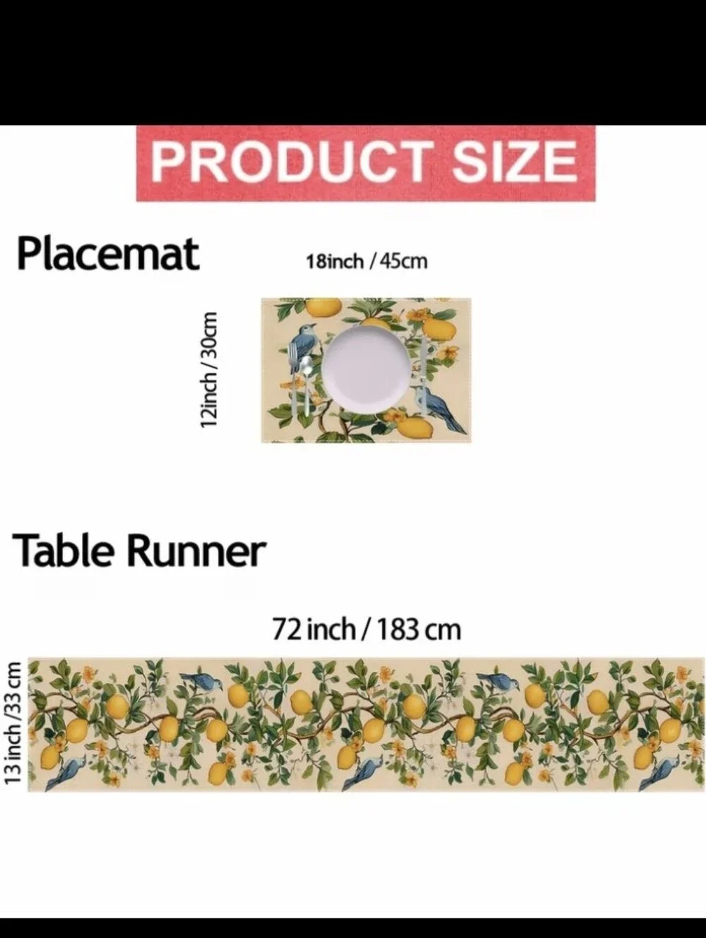 Lemon 🍋 Decor 5pc Set: 1 Table Runner & 4 Placemats NEW